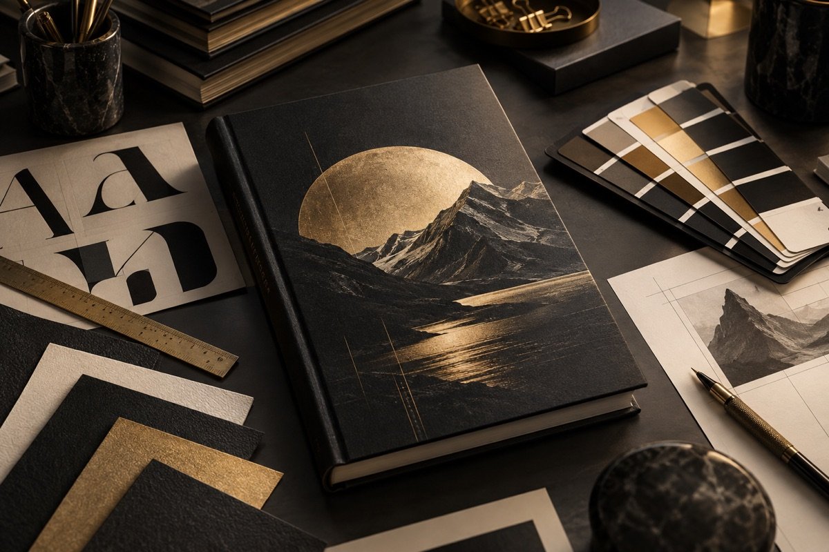 Book cover concepts arranged in a professional design studio