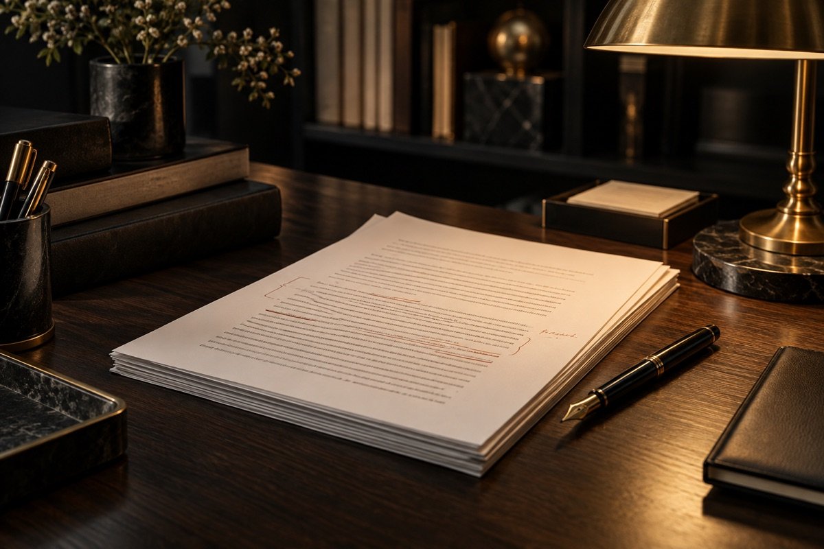 Editor reviewing a manuscript at a professional publishing desk
